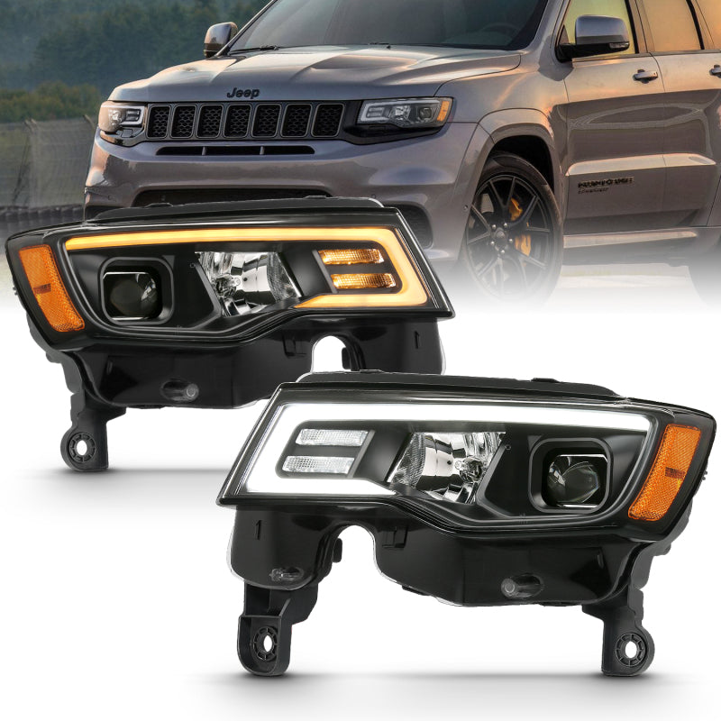 ANZO 2017-2018 Jeep Grand Cherokee Projector Headlights w/ Plank Style Switchback - Black w/ Amber 111418